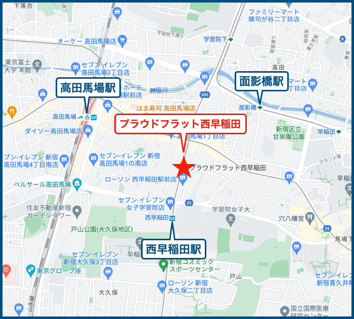 プラウドフラット西早稲田の地図
